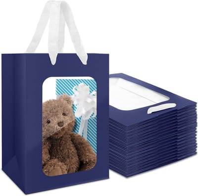 Kraft Papieren Cadeautassen met Venster - 20 Stuks 20x16x30cm - Stevige Donkerblauwe Tassen voor Feestjes, Verjaardagen en Cadeaus