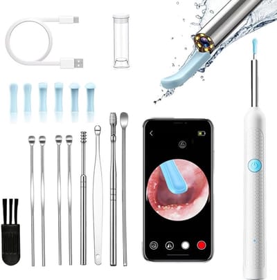 Oorwasverwijderingsset met camera - 6 ledlampjes en 1080p HD-beeld - WiFi-connectiviteit - 9-delige professionele gereedschapset - Veilige oorwasreiniger voor thuisgebruik (wit)