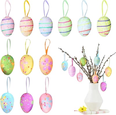 Hangende Paaseieren - Decoratie Eieren - Feestelijke Versiering - Set van 12 - 6 cm x 4 cm - Multicolor
