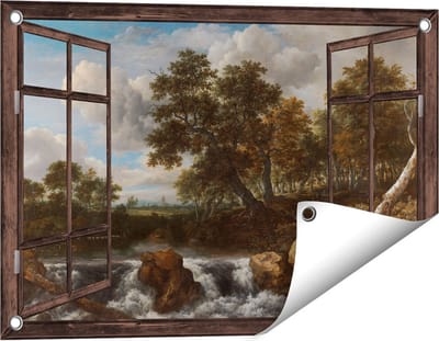 Gards Tuinposter Doorkijk Landschap met Waterval - Jacob van Ruisdael - 60x40 cm - Tuindoek - Tuindecoratie - Wanddecoratie buiten - Tuinschilderij