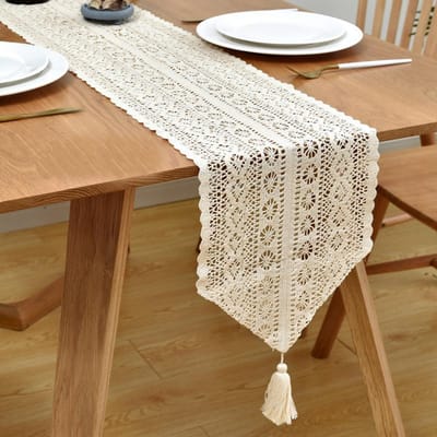 Boho Beige Tafelloper, Vintage Boerderij Boheemse Haak Macramé Tafelloper voor Bruiloft Feest Koffie Eettafel Decor 24x160cm