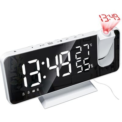 Digitale projectiewekker met spiegelend oppervlak 4-in-1 180 graden projectorklok voor binnen White Fonts wit