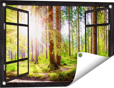 Gards Tuinposter Doorkijk Bos met Zon tussen de Bomen - 60x40 cm - Tuindoek - Tuindecoratie - Wanddecoratie buiten - Tuinschilderij