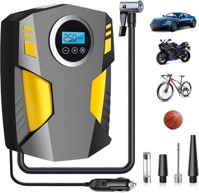 Draagbare digitale bandenpomp – 12V, snel, LED, voor auto, fiets, moto, ballen (geel)