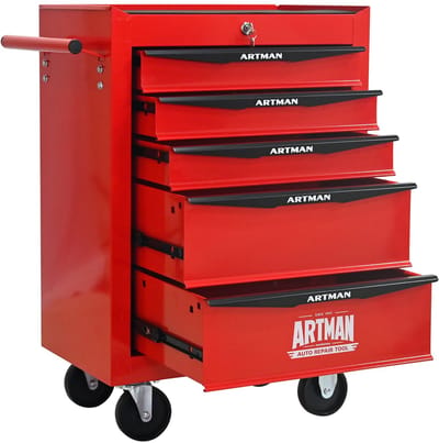 Merax Gereedschapswagen met 5 Lades - Verrijdbare Metalen Gereedschapskast met Slot - Kogellagergeleiders & Remwielen - Sterke Stalen Werkplaatskast voor Garage Werkplaats & Opslag (Rood Zwart)