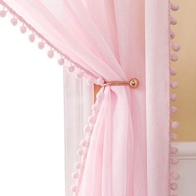 Roze Decoratieve Gordijnen met Pompons voor Meisjeskamer - 2 Stuks (140 x 215 cm)