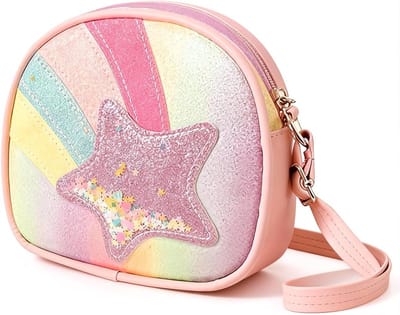 Schoudertas voor Kinderen met Regenboogprint en Verstelbare Schouderriem, Roze Crossbody Tas voor Meisjes met Sterren Design
