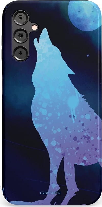 Casetastic Hoesje Geschikt voor Samsung A14 (5G/4G) - Stijlvolle Beschermende Duo-layer Case - Blauwe Wolvennacht