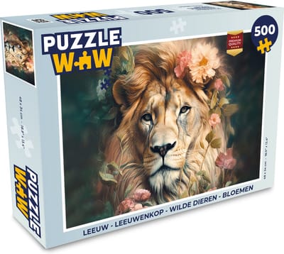 Puzzel Leeuw - Leeuwenkop - Wilde dieren - Bloemen - Legpuzzel - Puzzel 500 stukjes
