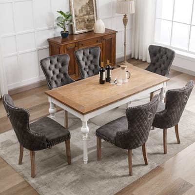 Sweiko Eetkamerstoel (Keukenstoel, Woonkamer Stoel met Unieke Deurringen op de rug, 6-delig), gewatteerde stoel met nagelkopdecoratie, massief houten poten, fluwelen hoes, Grijs(excl. tafel)