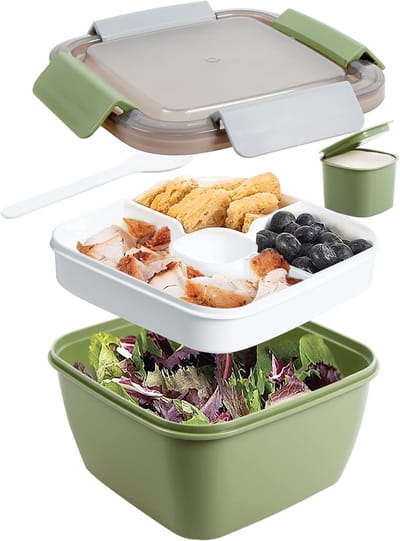 Lunchbox lekvrije Bento Box met 1 vork, 1500 ml slacontainer met dressinghouder, 3 vakken saladebox to-go voor school, werk, picknick, reizen, camping, frisse afdichting