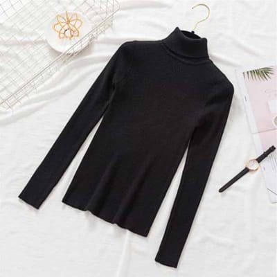 Herfst en Winter Coltrui Dames Pullover Gebreide Basis T-shirt Effen Kleur Lange Mouw Dames OneSize zwart