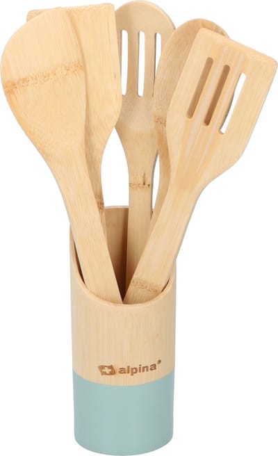 Keukengerei 5-delig 30 cm in houder naturel/groen van bamboe - Pollepels - Spatels - Keukenspatels
