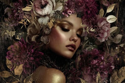 Glasschilderij Gouden vrouw in bloemen