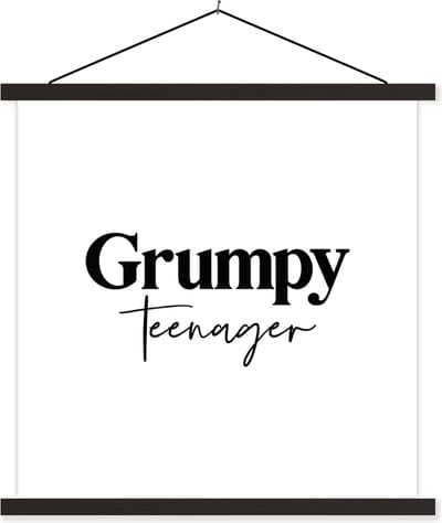 Posterhanger incl. Poster 60x60 cm - Schoolplaat - Tiener - Quotes - Zwart - Wit - Grumpy teenager - Textielposter - Zwarte latten