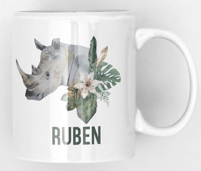 Mok met neushoorn en naam