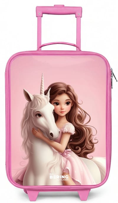 NoBoringSuitcases.com® - Kinderkoffer roze - Kindertrolley meisje - Meisje met witte eenhoorn op roze achtergrond - Koffer kind lichtgewicht - Reiskoffer trolley voor kinderen - Koffertje met lichtgevende wieltjes - Rolkoffer