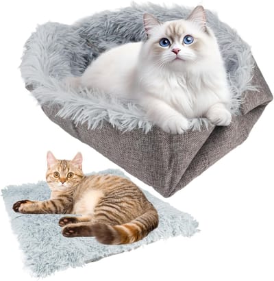 Famanu – 2-in-1 pluche zacht kattenkussen -61 x 51 cm -huisdierenbed -grijze kattenmand om te slapen -2-in-1 voor kattenbed -bank -hondenmand