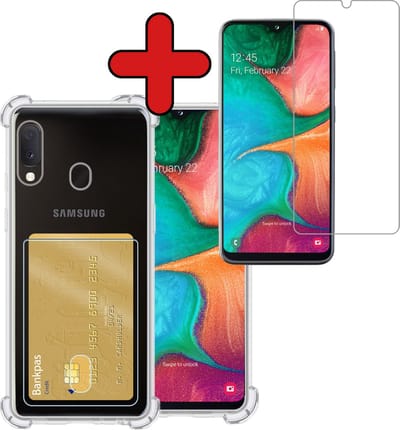 Hoesje - Geschikt voor Samsung Galaxy A20e - Met Screenprotector - Pashouder - Kaarthouder - Back Cover - Telefoon Hoes Shockproof - Siliconen Case - Shock Proof - Pasjes Houder - Telefoonhoes - Transparant
