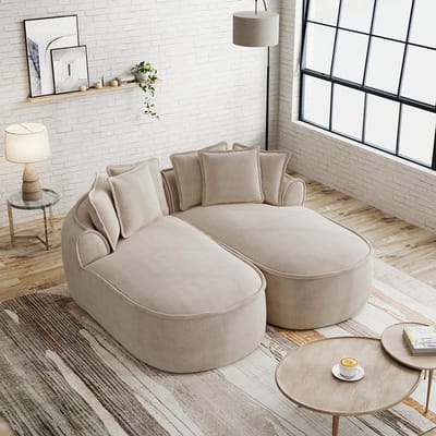BLACKCOLORS Comfortabele Cloud-tweezitsbank van Chenille, frameloos ontwerp, extra grote dubbele chaise longue, inclusief kussens, geen montage nodig, voor de woonkamer, lichtbruin