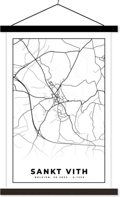 Posterhanger incl. Poster 40x60 cm - Schoolplaat - Zwart Wit – België – Plattegrond – Stadskaart – Kaart – Sankt Vith - Textielposter - Zwarte latten - Stadskaart