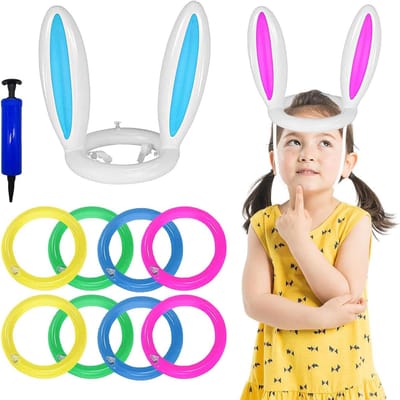 Opblaasbaar konijn ring toss spel - 2 sets met 8 ringen en pomp - Indoor Outdoor Konijn Spel - Pasen - Familiepret - Speelgoed voor Kinderen