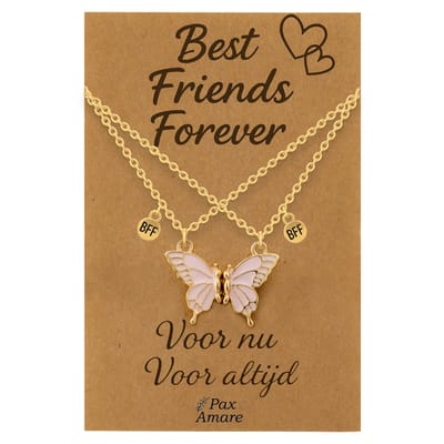 BFF Ketting voor 2 'Best Friends Forever' - Magnetische Roze Vlinder - Vriendschapsketting op Cadeau Kaartje - 45cm + 5cm verstelbaar - Goudkleurig - Best Friends Hanger - Pax Amare