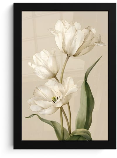 Poster in lijst - Fotolijst 20x30 cm - Posters - Tulpen - Wit - Bladeren - Posterlijst zwart - Decoratie - Wanddecoratie woonkamer - Muurdecoratie slaapkamer