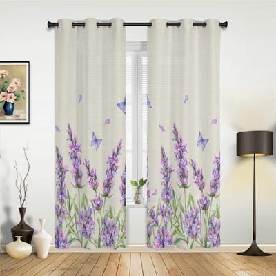 Slaapkamer Keuken Gordijn Aquarel Lavendel Bloem Vlinder Retro Raam Gordijnen Gordijnen voor Woonkamer Decoratieve Items 135W x 115H(cm) x1