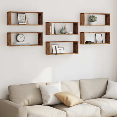 vidaXL - Wandschappen - kubus - 6 - st - 60x15x23 - cm - bewerkt - hout - oud - houtkleur