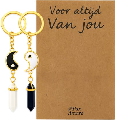 Koppel Sleutelhanger voor 2 'Voor altijd van jou' - Yin Yang met Edelsteen - Sleutelhanger set op Cadeau Kaartje - Goudkleurig - Persoonlijke Hanger - Pax Amare