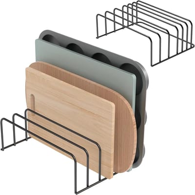 Opbergrek voor snijplanken, bakplaatrek voor onder de kast | Stevig bakplaatrek voor koekjes, metalen snijplankhouder, ruimtebesparend bordenrek voor in de kast, ladeverdeler-Eén verpakking