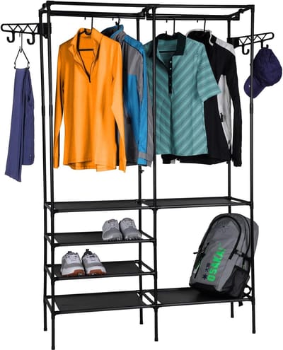 Metalen garderobe met 6 planken en kledingstang - 170 x 108 cm - kledingrek zwart vrijstaand - kledingkast open kapstok entreekast met schoenenrek
