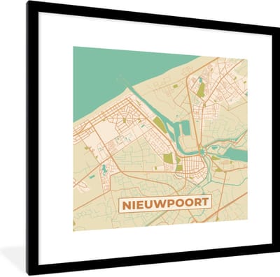 Fotolijst incl. Poster - Kaart - Plattegrond - Stadskaart - Vintage - Nieuwpoort - 40x40 cm - Posterlijst