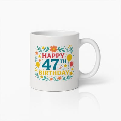 Happy 47ste Verjaardag Mok 330 ml – Kleurrijk Bloemen- en Ballonontwerp – Perfect Cadeau voor 47 Jaar Verjaardagsfeest