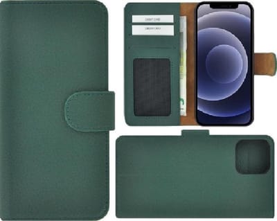 Geschikt voor Iphone 12 Hoesje - Leder Bookcase - iPhone 12 Book Case Wallet Echt Leer Dennengroen Cover