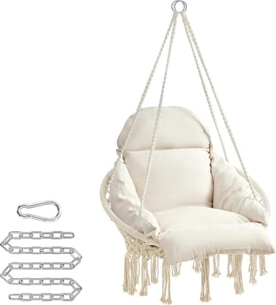 Hangstoel, hangschommel, hangstoel met een dik kussen, tot 120 kg belastbaar, voor tuin, balkon, woonkamer, terras, Scandinavische stijl, modern, beige