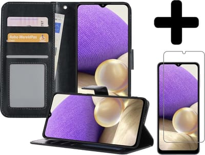 Hoesje - Met Screenprotector - Geschikt voor Samsung Galaxy A32 4G - Luxe Pasjeshouder - Bookcase Portemonee - Flip Case - Kunstleer Book Case - Flipcase - Book Cover - Walletcase - Portemonneehoes - Telefoonhoesjes - Zwart