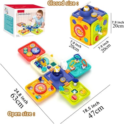 Cube d'activités pour bébé Jouets pour tout-petit Tableau d'activités musical avec blocs de formes sensorielles 6-en-1 Jouet éducatif Cadeau de Noël d'anniversaire Geometric Shape blue