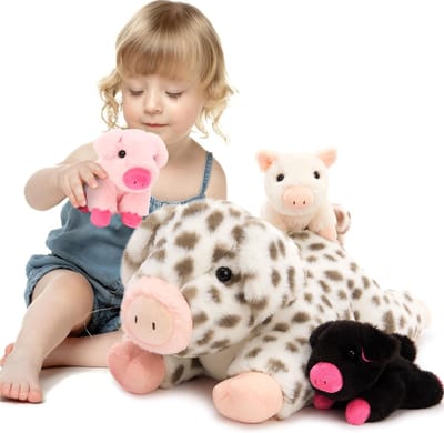 Varkensknuffel XXL - Pluche dier familie - Knuffelen en decoreren - Met 3 baby's - 50 cm moeder
