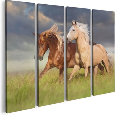 Artaza Canvas Schilderij Vierluik Bruin En Wit Paard In De Wei - 80x60 - Foto Op Canvas - Canvas Print
