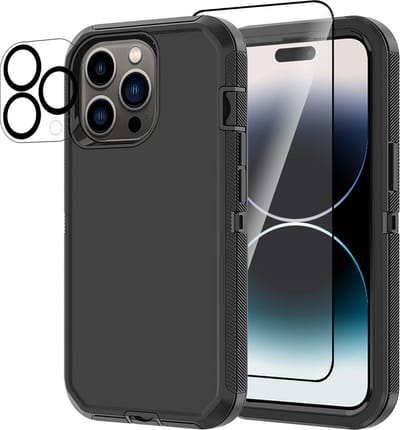 Stravo Heavy Duty iPhone 14 Pro case met Screen Protector en Lens Protector - Zwart - Dustproof shockproof telefoonhoes cover bestaande uit 3 lagen inclusief schermbeschermer en lensbeschermer - Geschikt voor Apple iPhone 14 Pro