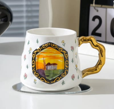 Exclusieve Porseleinen Mok 'Zonsondergang Huis' -Met Deksel & Lepel - Luxe Cadeau - 390ml - Kop - Geschenk