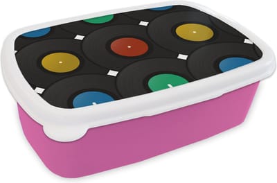 Broodtrommel Roze - Lunchbox - Brooddoos - Platen - Muziek - Patronen - 18x12x6 cm - Kinderen - Meisje