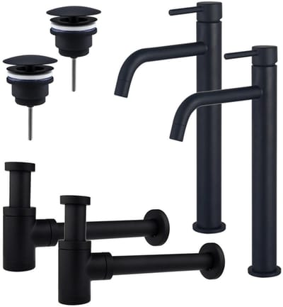FugaFlow Eccelente Sobrado Badkamer Slim Wastafelkraanset - voor dubbele wastafel - verhoogde wastafelkraan - always open plug - verlaagde design sifon - Mat zwart