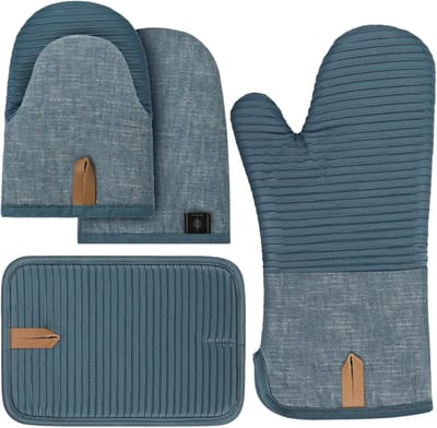 Hittebestendige Ovenhandschoenen en Pannenlappen Set van 4 - Antislip, Flexibele Kookhandschoenen voor Koken en Bakken - Blauw