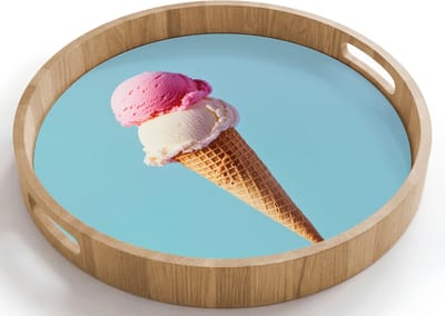 Dienblad rond 40x40 cm - Schootdienblad hout - Bolletjes - Schepijs - Hoorntje - Blauw - Borrelplank rechthoek - Plateau houten dienbladen