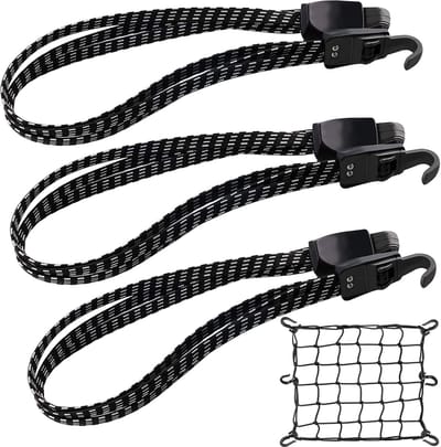 Spanband fietsbagagespanner 3-in-1 fietsrubber spanner expander met haken, verstelbaar elastiek voor bagagerek, fietsbagagerek, motorbagage (3 stuks spanrubber fiets + 1 stuk net helmnet)