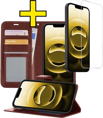 Hoesje - Met Screenprotector - Geschikt voor Apple iPhone 16e - Luxe Pasjeshouder - Bookcase Portemonee - Flip Case - Kunstleer Book Case - Flipcase - Book Cover - Walletcase - Portemonneehoes - Telefoonhoesjes - Bruin