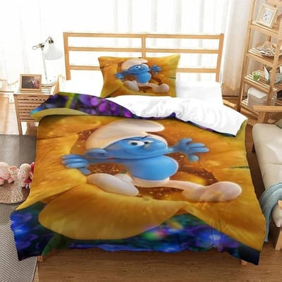 Housse de couette Schtroumpfs Motif Animé Mignon Impression 3D Ensemble de literie Elfes Bleus Pour Adolescents Adultes Avec Fermeture Éclair Décoration de Chambre US Full(200*230cm)3pcs